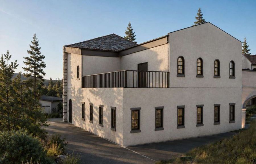 <who>Photo Credit: BlueGreen Architecture</who>A rendering of the back of the barrel storage building.